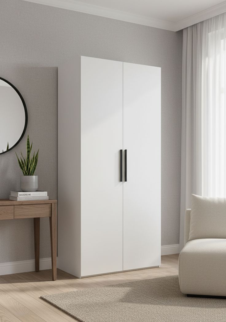 Двухдверные шкафы с полками и штангой